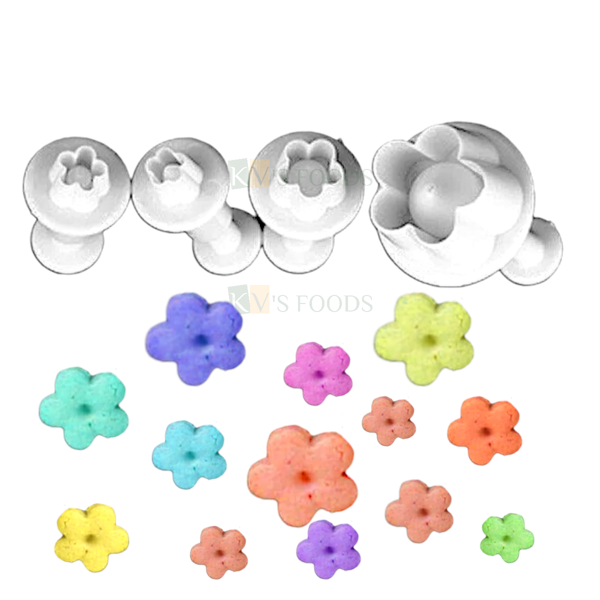 4 PCS White Plum Flower Fondant Plunger Cutters Stamps, Molds, Embossing Spring Mold Printed Presses Impression Biscuits Chocolates Pancake Cookies Cheese Pastry, Wedding Anniversary Cakes Decorations