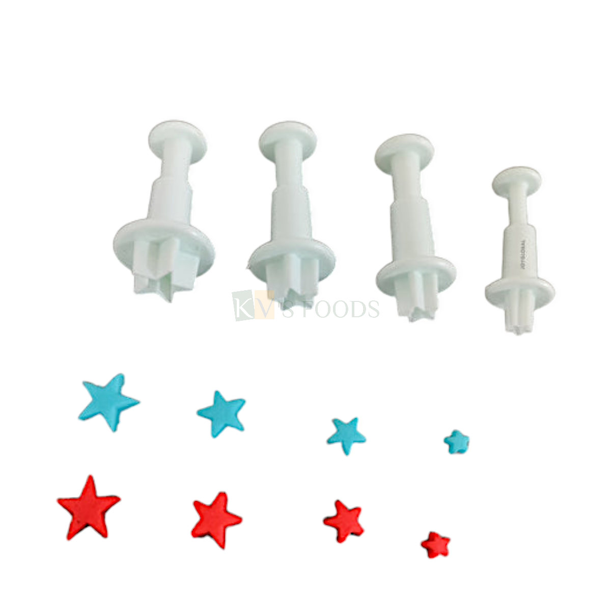 4 PCS White Star Shapes Fondant Plunger Cutters Stamps, Molds, Embossing Spring Mold Printed Presses Impression Biscuit Chocolate Cookies Christmas Birthday Wedding Anniversary Cakes Decorations