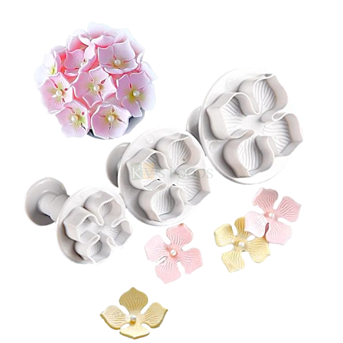 3 PCS White Hydrangea Laurustinus Flower Fondant Plunger Cutters Stamps, Molds, Embossing Spring Mold Printed Presses Impression Chocolates Pancake Cookies Wedding Anniversary Cakes Cupcake Decoration
