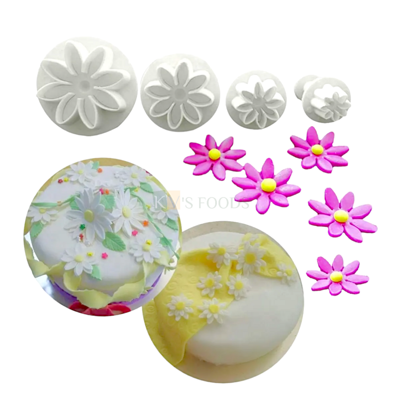 4 PCS White Daisy Marguerite Flower Fondant Plunger Cutters Stamps, Molds, Embossing Spring Mold Printed Presses Impression, Chocolates Pancake Cookies Wedding Anniversary Cakes Cupcake Decorations