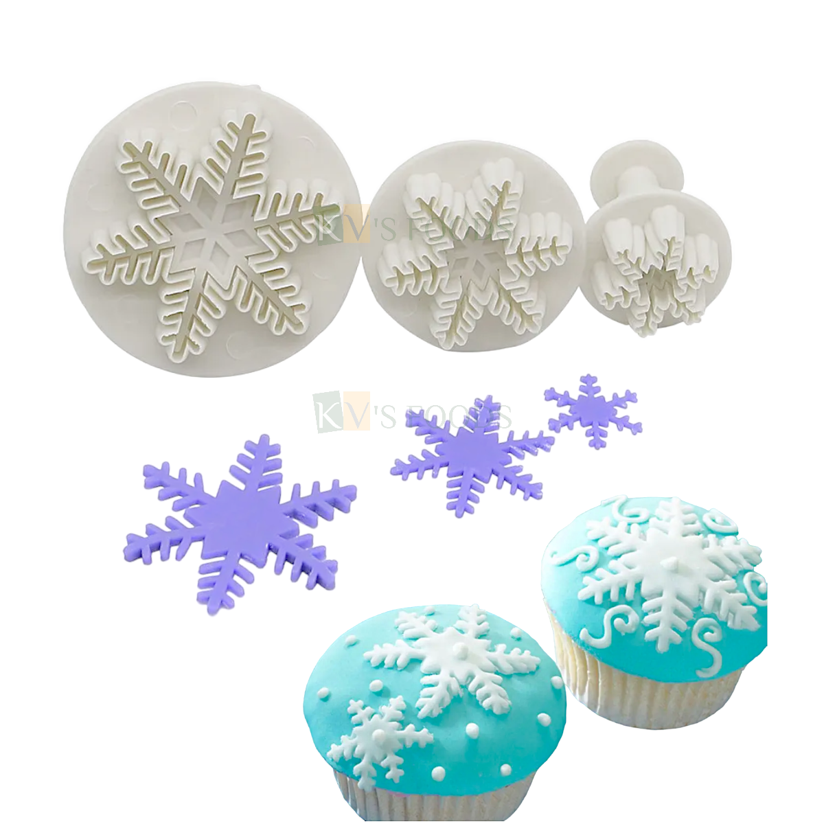 3 PCS White Christmas Snowflakes Fondant Plunger Cutters Stamps, Molds, Embossing Spring Mold Printed Presses Impression, Chocolates Pancake Cookies Christmas Tree, Birthday Wedding Cupcake Decoration