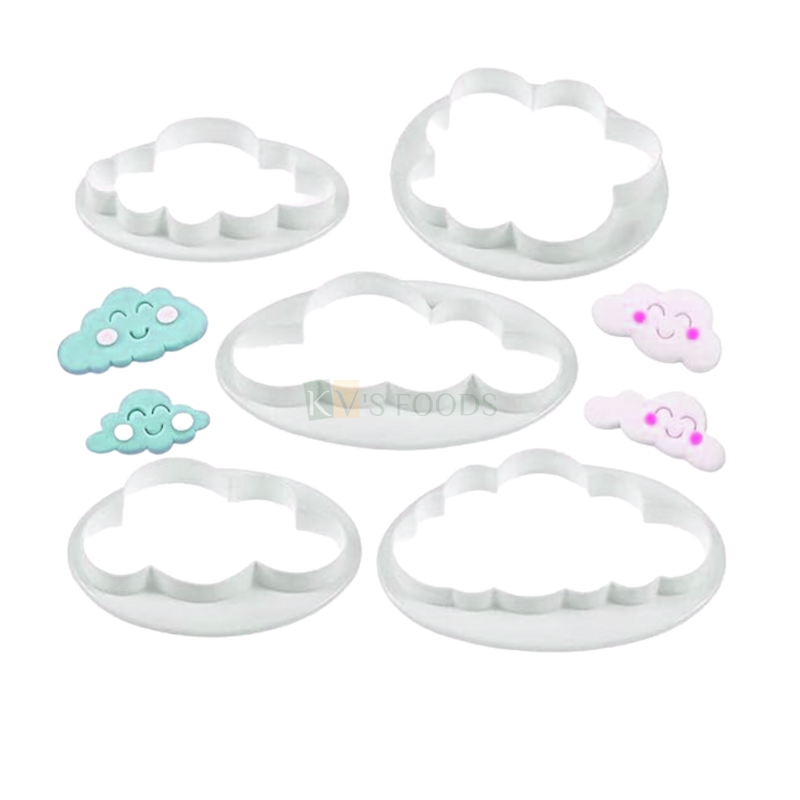 5 PCS White Fluffy Clouds Fondant Plunger Cutters, Molds, Embossing Spring Mold Printed Presses Impression, Chocolates Pancake Cookies Rainbow Theme, Girls Boys Birthday Cupcakes Decorations