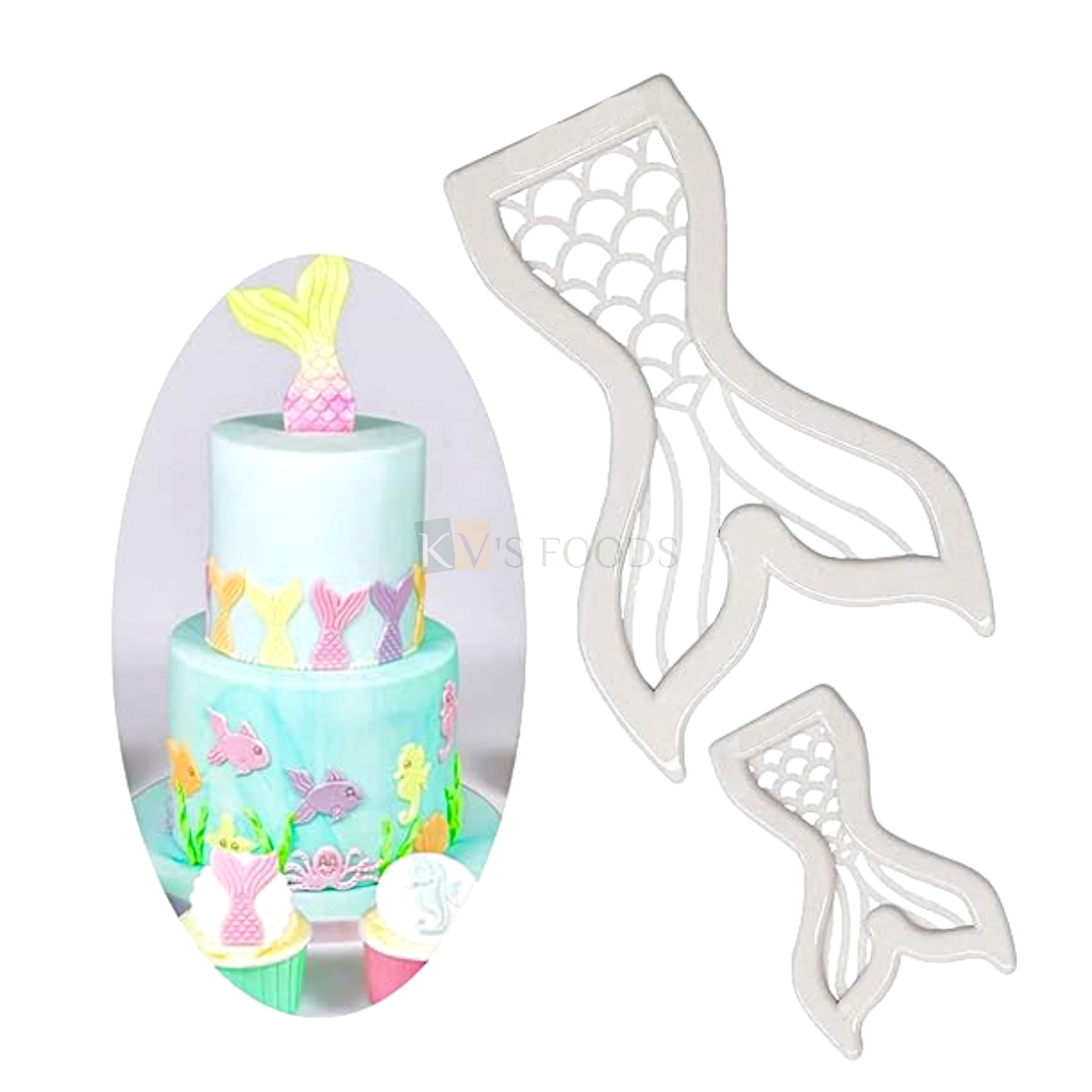 2 PCS White Little Mermaid Tail Shapes Fondant Plunger Cutters, Embossing Mold Presses Impressions Sealife Underwater Theme Kids Girls Birthday Baby shower Theme Chocolate Pancake DIY Cake Decorations