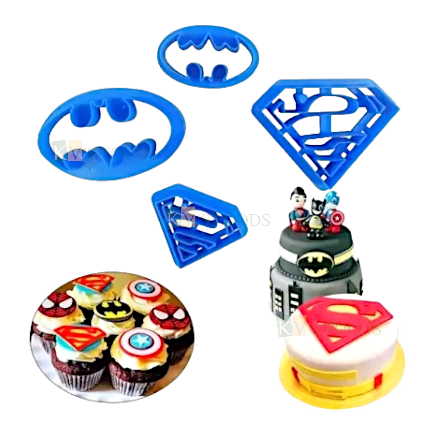 4 PCS Blue Superman Super Hero Batman Logo Fondant Cutters Stamps, Plunger Molds Embossing Mold Printed Presses Impression, Chocolates Pancake Cookies Boys Mens Birthday Party Cake Cupcake Decorations