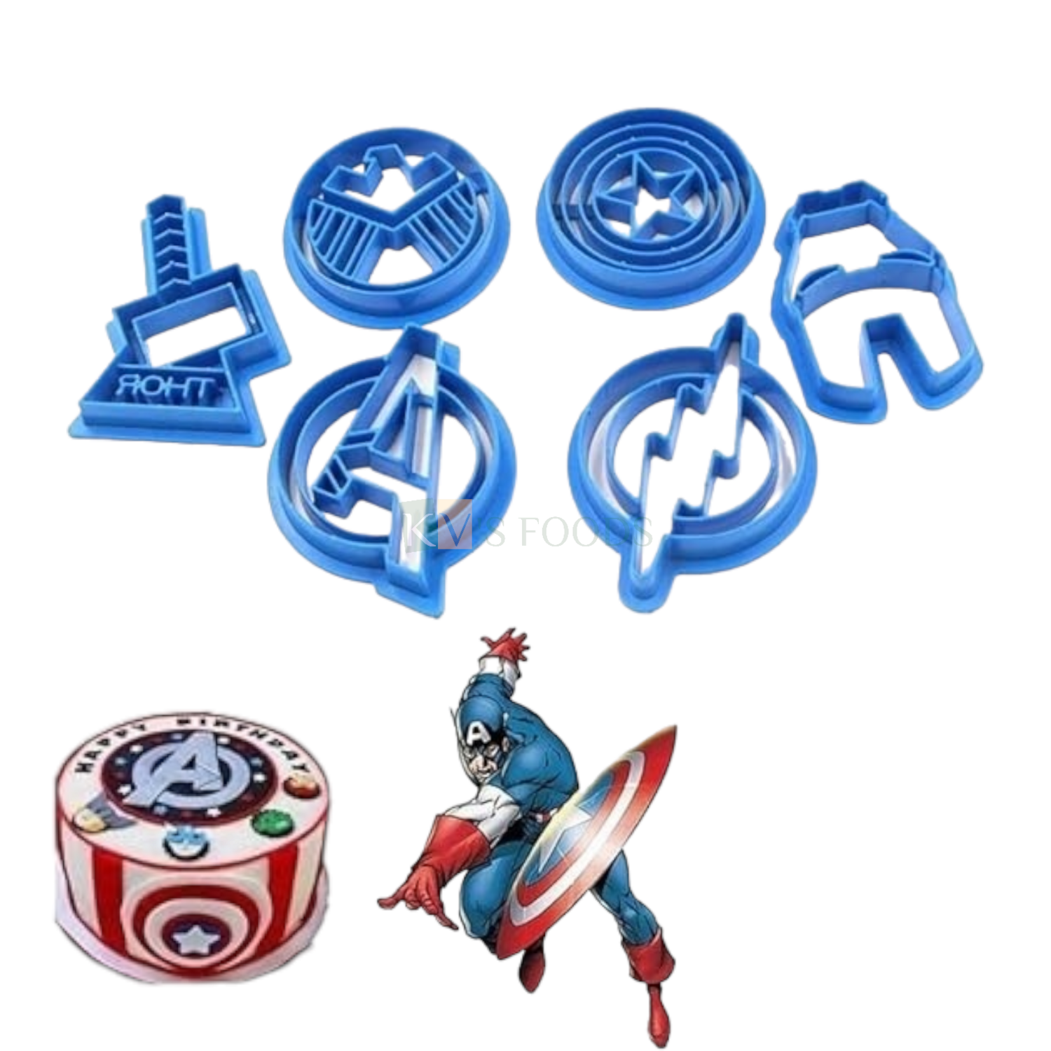 6 PCS Blue Marvel Comics Superheroes Captain America Iron Man Avengers Thor Flash Shield Logos Fondant Cutters Molds Chocolates Pancake Cookies Plungers Boys Mens Birthday Party Cupcake Decorations