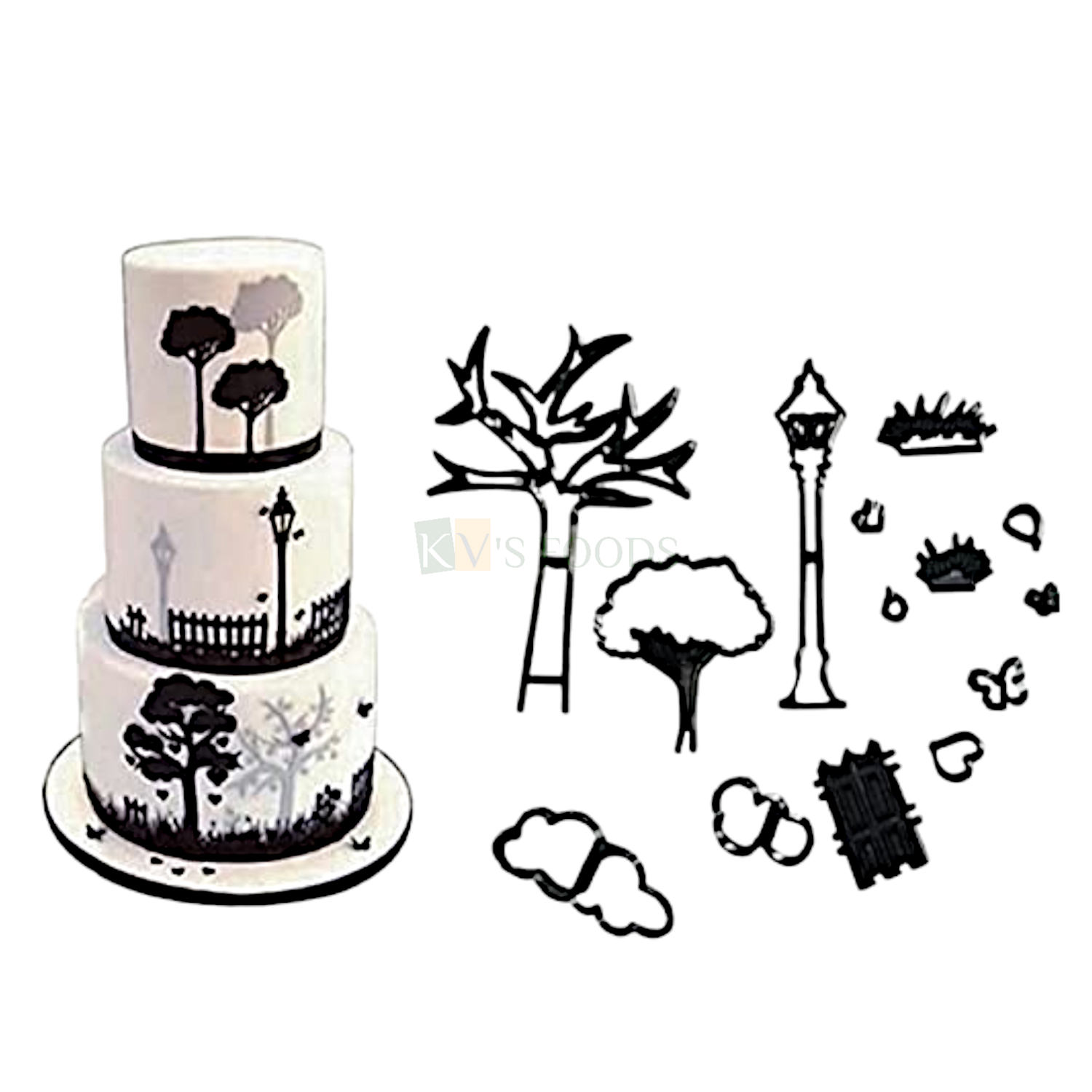 14 PCS Black Nature Park Series, Garden Trees,Street Lamps, Clouds Butterfly, Fondant Silhouette Plunger Cutters Stamps, Embossing Molds Presses Impression, Pancake Cookies Birthday Cakes Decoration