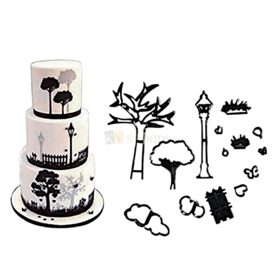 14 PCS Black Nature Park Series, Garden Trees,Street Lamps, Clouds Butterfly, Fondant Silhouette Plunger Cutters Stamps, Embossing Molds Presses Impression, Pancake Cookies  Birthday Cakes Decoration