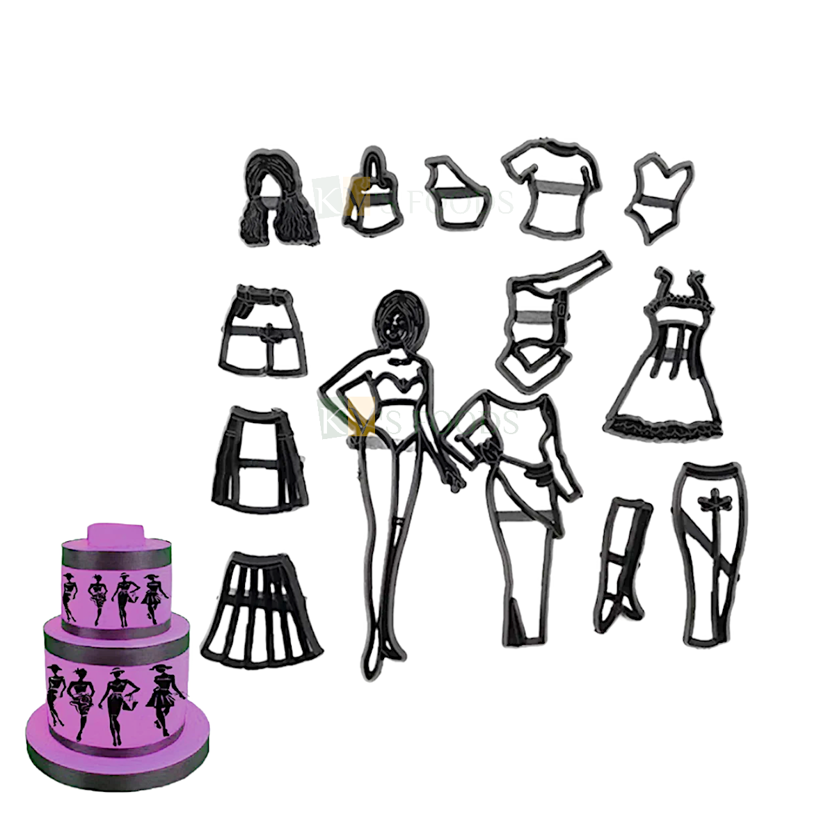 14 PCS Black Lady Fashion Girl, Dresses, Tshirt, Pants, Skirts, Patchwork, Female Figure Fondant Silhouette Plunger Cutters Stamps, Embossing Molds Presses Impression, Pancake Cookies Birthday Theme