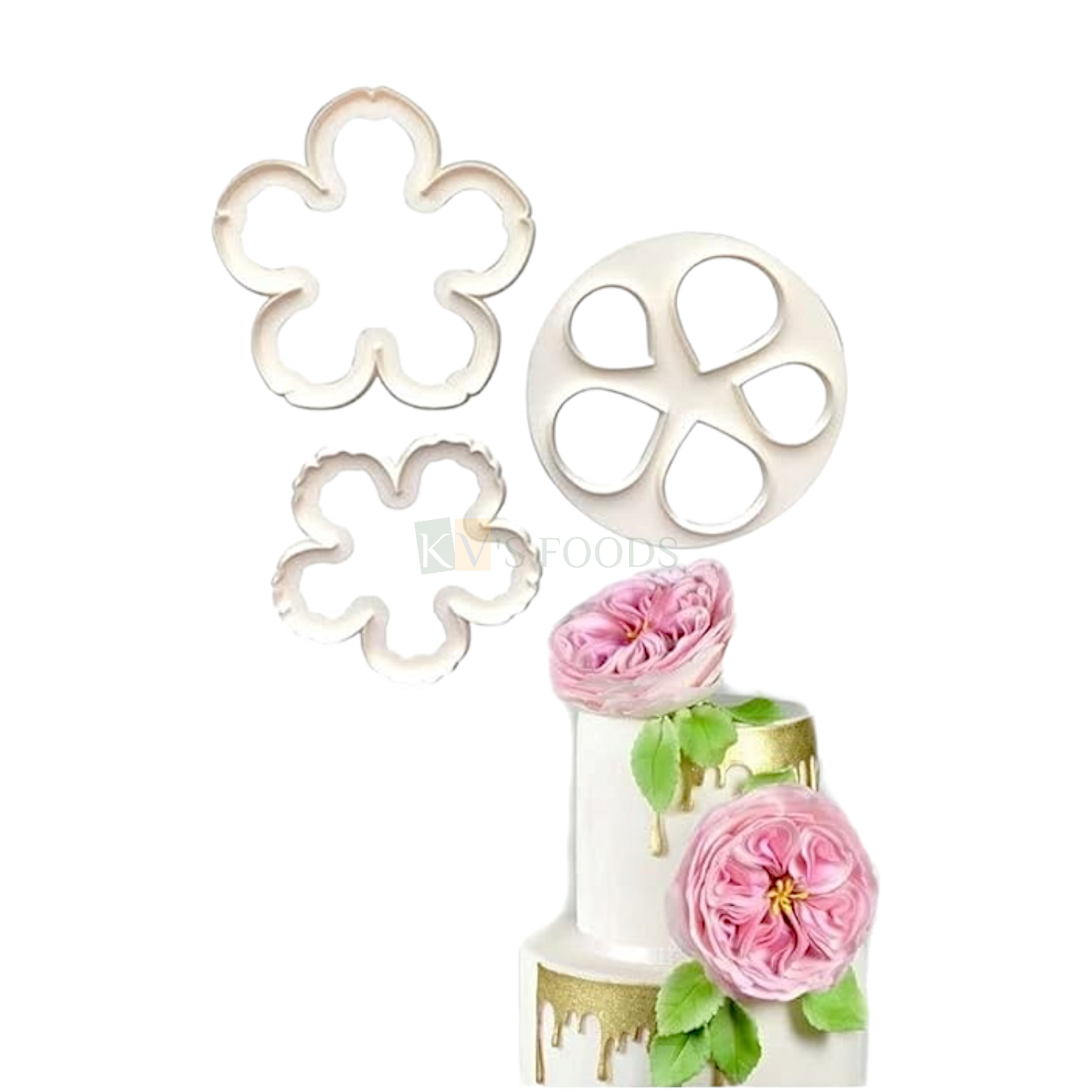 3 PCS White Different Sizes Rose Poeny Flower Petals Fondant Cutters, Molds, Embossing Presses Impression, Chocolates Pancake Cookies Birthday Wedding Anniversary Cakes Cupcake Decorations