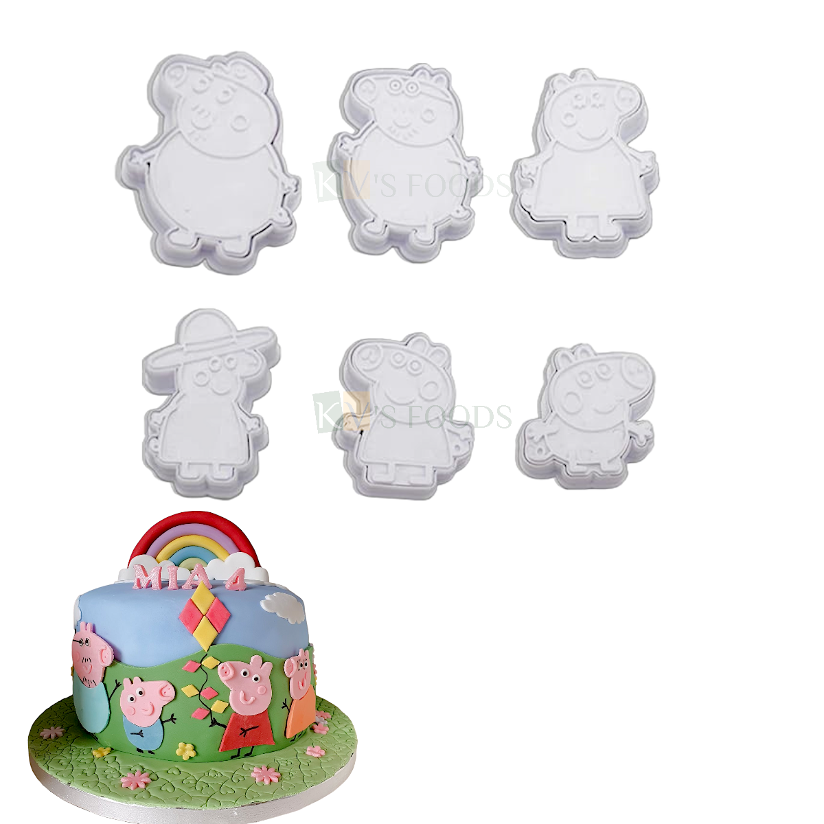 6 PCs White Peppa Pig Piglet Family Members Fondant Cutters Plungers Cake Mould Chocolate Pancake, Biscuits Cookies Cutters Kids Girls Birthday Theme, Baby Shower Theme, DIY Cake Decorations