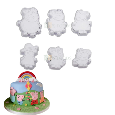 6 PCs White Peppa Pig Piglet Family Members Fondant Cutters Plungers Cake Mould Chocolate Pancake, Biscuits Cookies Cutters Kids Girls Birthday Theme, Baby Shower Theme, DIY Cake Decorations