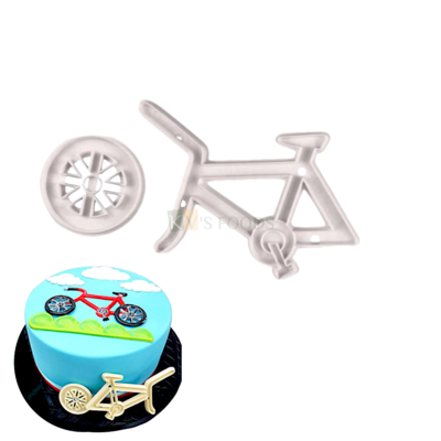 2 PCS White Bicycle Frame and Wheel Cutters Stamps Plunger Molds Embossing Mold Printed Presses Impression, Chocolates Cutter, Kids Girls Boys Happy Birthday Theme Cake Cupcake Decorations