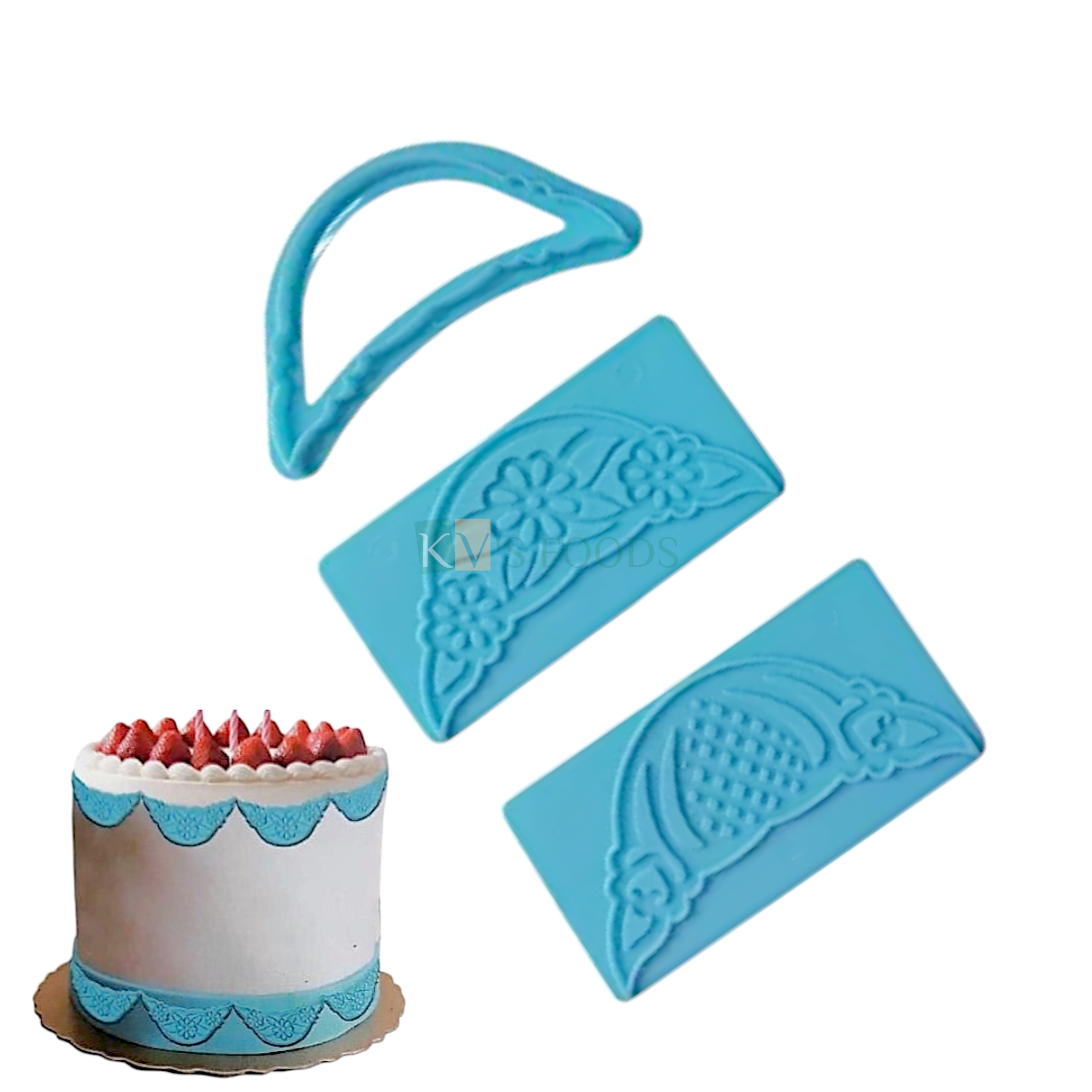 3 PCS Sky Blue Frill Ribbon Embossed Impression Mould Cake Border Fondant Mold Sugar Lace, Side Edge Cake Decorating Tools, Design Pattern DIY Embossing Pad for Birthday Wedding Anniversary Cakes