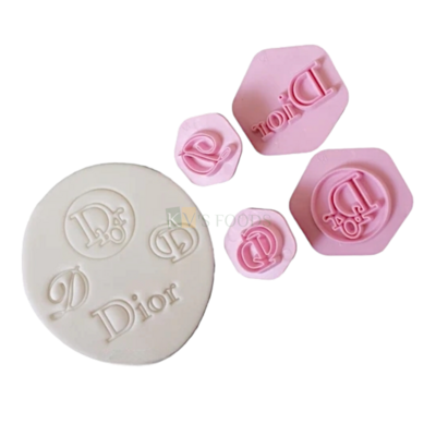 4 PCS Light Pink Christian Dior Fashion Brand Logos Fondant Embossing Impression Stamp, Cutters Chocolate Biscuits Moulds, Cupcake Theme, Boys Girls Happy Birthday Theme DIY Cake Decorations