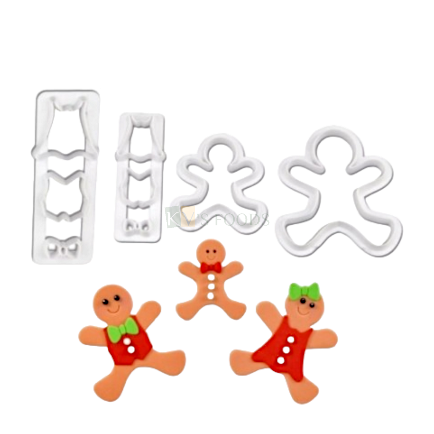 4 PC White Christmas 2 Gingerbread People Set Clothes Bows SKull Cookie Moulds Fondant Cutters, Skeleton Man Cakes Biscuits Chocolates Birthday Christmas Tree Parties Halloween Decorations