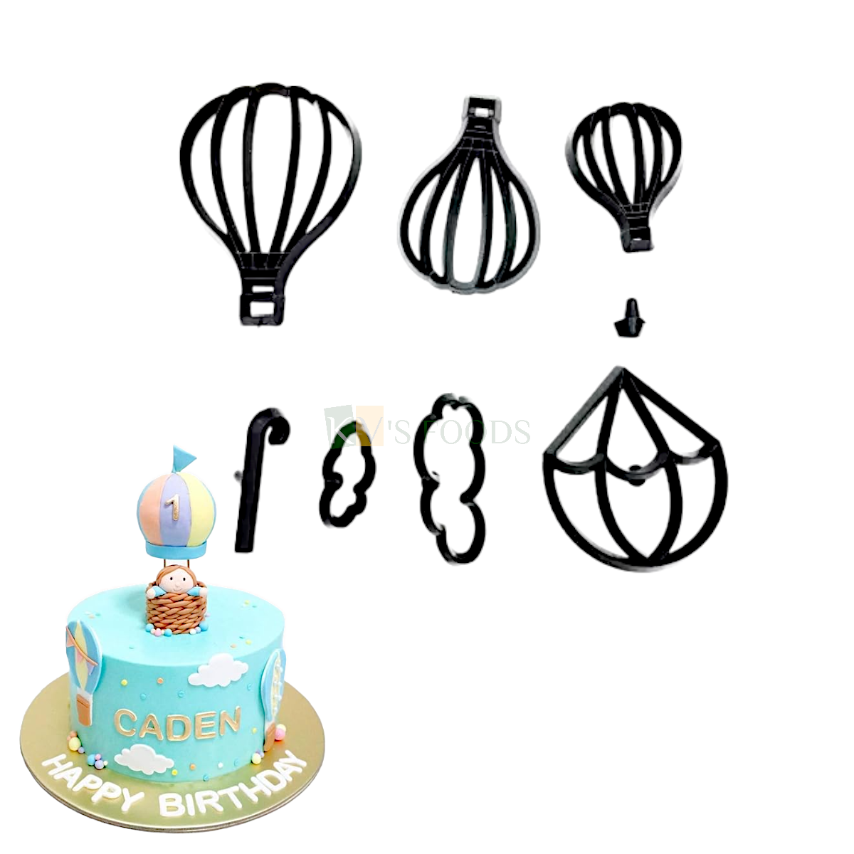 8 PCS Black Hot Air Balloon, Clouds, Parachute, Raindrop Sports Patchwork Fondant Silhouette Plunger Cutters Stamps, Embossing Molds Presses Impression, Pancake Cookies Boys Birthday Theme