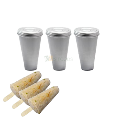 3PC Aluminium Silver Ice Cream Kulfi Set Mould with Cover Lid Non-Stick Mould Conical Kulfi Maker for Children & Adults Kitchen Tool Set Round Ice Cream Tub Mold Home Celebrations DIY Cake Decoration