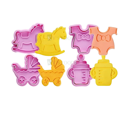 4 PCS Colourful Baby Milk Bottle Cradle, Horse Toy Clothes Pushchair Shape Cookie Cutter Stamps Plungers, Baby Themed Cake Mould Baby Shower Theme Press Sterio Mould Baby Carriage Stamper Cake Decor