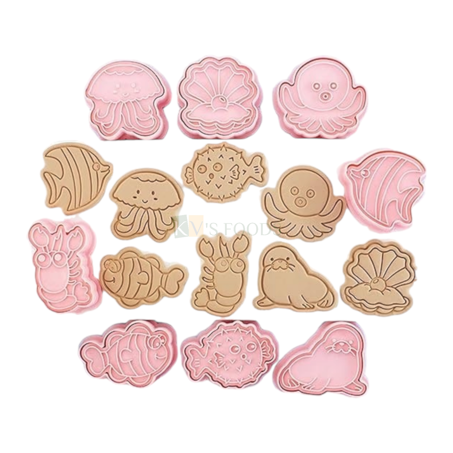 8 PCS Pink Sealife Creatures Cutters Fondant Plunger Jelly Fish Crab, Fish, Walrus Oysters Octopus Underwater Theme Aquatic Creatures Marine Ocean Animals SEA Critters Theme Embossing Presses Moulds