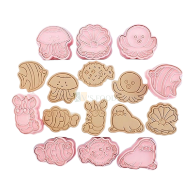 8 PCS Pink Sealife Creatures Cutters Fondant Plunger Jelly Fish Crab, Fish, Walrus Oysters Octopus Underwater Theme Aquatic Creatures Marine Ocean Animals SEA Critters Theme Embossing Presses Moulds