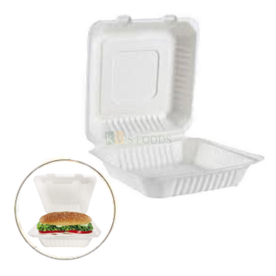 5PCS Set White Big Disposable 8 X 8 inch Bento Box Container with Attached Lid Clamshell Plain Takeaway Box, Hard Food Box, Biodegradable Takeaway Cakes, Lunch Boxes, Birthday Parties, School Picnics