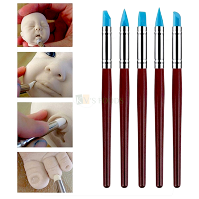 5 PCS Blue Silicone Rubber Shapers Sculpting Modelling Tool Set, Head Shapes, Tapered Tip Angle Cup, Flat Chisel, Dotting Pen, Small Pottery Tools, Brushes, Silicone Pen, Exquisite Crafts Carved Clays