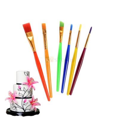 6 PCS Acrylic Multicoloured Different Sizes Shapes Painting Brushes Set with Transparent Handles for sticking Fondant Work On Cakes, Synthetic Flat Paint Brush Tool for Oil, Nail Brush Arts