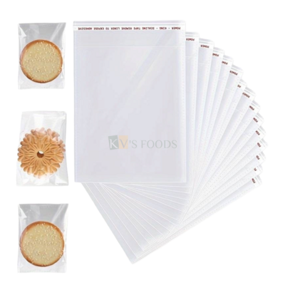 100 PCS Transparent Clear Plastic Cookie Bags in Different Sizes (~4x 5, 5 x 7 Inches) for Packaging Resealable For Bakery, Adhesives, Candles Soap, Biscuits, Plastic Bags with self seal strip