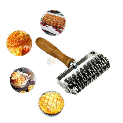 1 PC Stainless Steel Pastry Pizza Dough Lattice Wheel Roller Cutter with Wooden Handle , Bread Pastry Dough Pie Crust Roller Cutter Biscuits Pancake, Cookie Dough Poker Rolling Pin Punch Accessorie