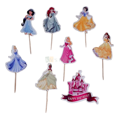 8 PCS Disney Theme Different Princess Jasmine Snow White Cartoon Theme Cake Topper Insert Cupcake Toppers for Girls Friends Birthday Decorations Items Cake Accessories, Tags, Cards, Toothpicks Toppers