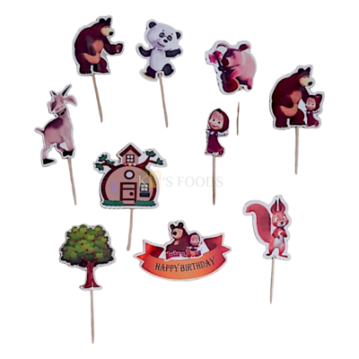 10 PCS Masha And The Bear Cartoon Theme Cake Topper Insert Cupcake Toppers for Girls Boys Friends Birthday Decorations Items Cake Accessories, Tags, Cards, Toothpicks Toppers