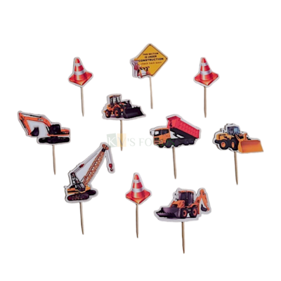 10 PCS Yellow Construction Vehicles Theme JCB, Excavater Bulldozer Cake Topper Insert Cupcake Toppers for Boys Friends Happy Birthday Decorations Items Cake Accessories, Tags, Cards Toothpicks Toppers