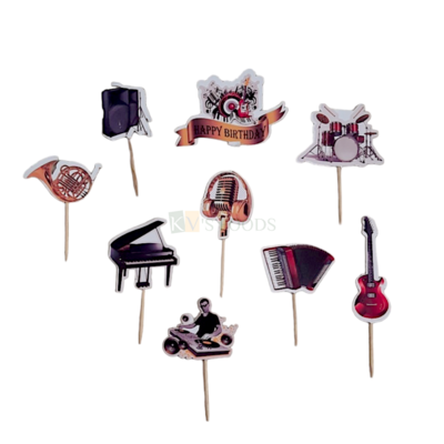 9 PCS Music Instruments Lover Theme Cake Topper Insert Cupcake Toppers for Girls Boys Friends Birthday Decorations Items Cake Accessories, Piano, Guitar, Mic, Banjo Tags, Cards, Toothpicks Toppers