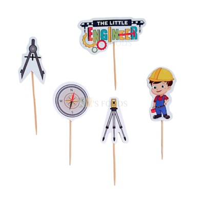 5 PCS The Little Engineer Road Survey Instruments Tools Direction Compass Scale Cake Topper Insert Cupcake Toppers for Boys Father's Birthday Decorations Items Cake Accessories Toothpicks Toppers