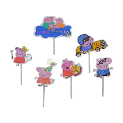 6 PCS Peppa Pig Family Cartoon Theme Cake Topper Insert Cupcake Toppers for Girls Friends Happy Birthday Decorations Items Cake Accessories, Tags, Banners, Cards, White Stick Toppers