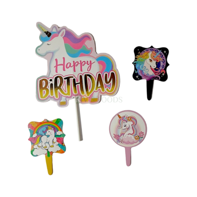 4 PCS Unicorn Cartoon Theme Paper Cake Toppers Insert Cupcake Toppers for Girls Friends Happy Birthday Decorations Items Cake Accessories, Tags, Banners, Cards, White Stick Toppers