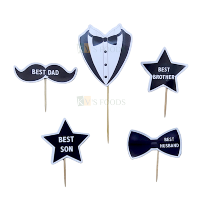 5 PCS Star Bow Mustache Blazer Theme Cake Topper Insert Cupcake Toppers for Boys Fathers Dad Son Husband Brother Birthday Decorations Items Cake Accessories, Tags, Banners, Cards, Toothpicks Toppers