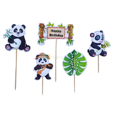 5 PCS Black White Panda Jungle Zoo Theme Cake Topper Insert Cupcake Toppers for Girls Boys Friends Happy Birthday Decorations Items Cake Accessories, Tags, Banners, Cards, Toothpicks Toppers