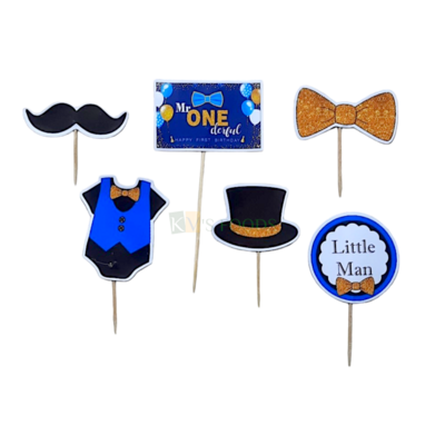 6 PCS Bow Mustache Hat Blazer Little Man Banner Theme Cake Topper Insert Cupcake Toppers for Boys Fathers Brother Son Husband Birthday Decorations Items Cake Accessories, Tags Cards Toothpicks Toppers
