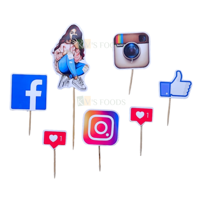 7 PCS Social Media Fans, Instagram, Facebook Like Girl Paper Cutout, Symbols Theme Cake Topper Insert Cupcake Toppers for Birthday Decorations Items Cake Accessories, Tags, Cards, Toothpicks Toppers