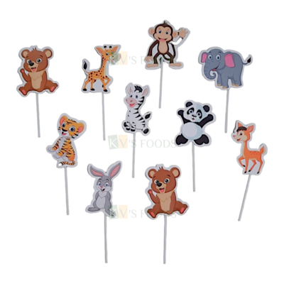 10 PCS Animals Theme Deer Lion Rabbit Paper Cake Toppers Zoo Jungle Safari Theme Inserts for Girls Boys Friends Happy Birthday Decorations Items Cake Accessories, Tags Cards Banner, White Stick Topper