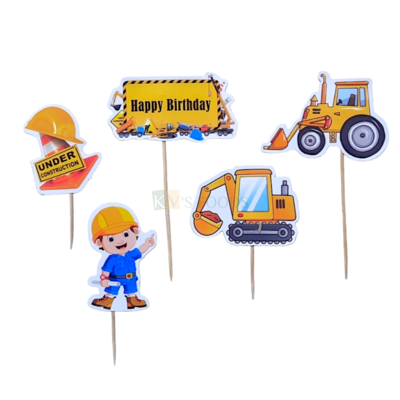 5 PCS Yellow Construction Vehicles Theme JCB, Excavater Bulldozer Cake Topper Insert Cupcake Toppers for Boys Friends Happy Birthday Decorations Items Cake Accessories, Tags, Cards Toothpicks Toppers