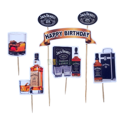 5 PCS Assorted Designs Jack Daniels Theme Cake Paper Topper Insert Cupcake Topper for Mens, Friends, Brother, Husband Birthday Decorations Items Accessories, Tags, Banners, Cards, Toothpicks Toppers