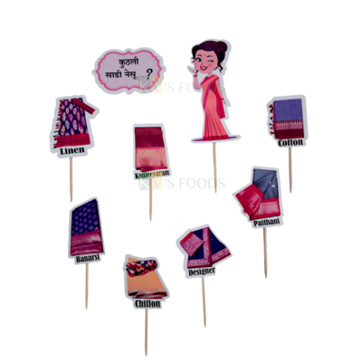 9 PCS Paper Tag Sari Selection Theme Cake Topper Insert Cupcake Toppers for Girls, Ladies, Womens Shopping Theme Birthday Decorations Items Cake Accessories, Tags, Banners, Cards, Toothpicks Topper
