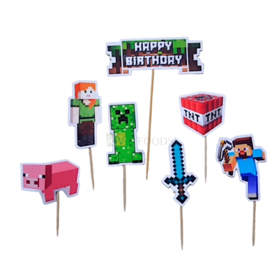 7 PCS Minecraft Cartoon Cake Paper Topper Set Insert Cupcake Toppers for Girls, Boys Friends Happy Birthday Decorations Items Cake Accessories, Tags, Banners, Cards, Toothpicks Toppers
