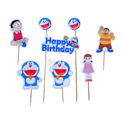 6 PCS Doraemon Cartoon Cake Paper Topper Set Insert Cupcake Toppers for Girls, Boys Friends Happy Birthday Decorations Items Cake Accessories, Tags, Banners, Cards, Toothpicks Toppers