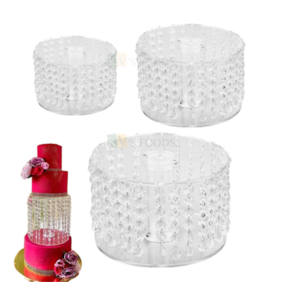 1 PC Transparent Acrylic Clear 2 Tier Cake Stand with Hanging Diamond Lace in Different Sizes (4, 5, 6 Inches) Spacer for Weddings Anniversary Cakes for Large Cakes, Structure Silver Rhinestone Stands