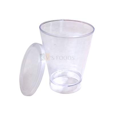 10 PCS Size 2 x 2 Inch Height 2.6 Inch, Capacity ~ 50 ML Acrylic Mini Shot Glass With Plastic Flat Lid Multi-Purpose Clear Transparent Round Reusable Birthday Christmas Party Glass for Mousse Pudding