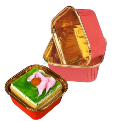 50 PC Size 2.5x2.5x1.3 Inch Eco Friendly Square Red and Golden Colour Mini Dry Cake Paper Small Mould Bake and Serve Disposable Gift Tray Bakeable Paper Bakeware Mould for Mini Brownie Cakes