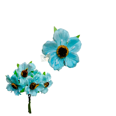 6 PCS Sky Blue Small Non-Edible Poppy 5 Petals Anemones Flower Length 1.7Inch for Birthday Wedding Anniversary Engagement Christmas Cake Cupcake Function DIY Crafts Home Hair Accessory Decorations